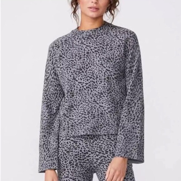 Monrow Sweaters - MONROW M Black Gray Leopard Mock Neck Long Sleeve Cotton Cashmere Sweater